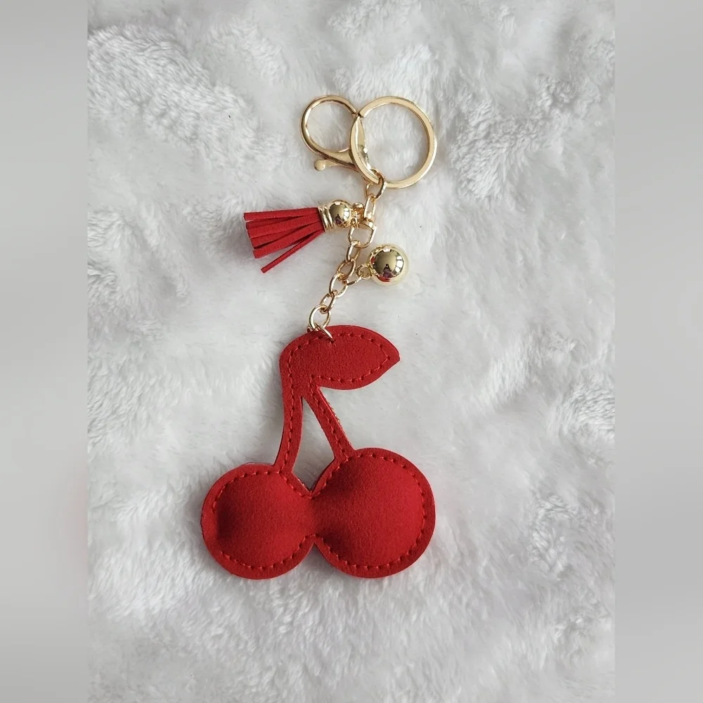 Cherry Keychain with Red and Green Rhinestones Beautiful Bag Charm